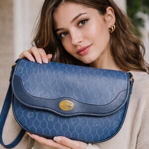 Vintage Christian Dior Blue Honeycomb Monogram Shoulder Bag Authentic
